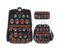 YANDM Many Cool Retro Skull Head Graphics Backpack 3 Pcs Set Travel Hiking Lightweight Laptop Pencil Case Insulated Lunch Bag for Women, Estampado de calavera mexicana, Talla única