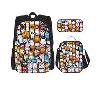 YANDM Many Cool Retro Skull Head Graphics Backpack 3 Pcs Set Travel Hiking Lightweight Laptop Pencil Case Insulated Lunch Bag for Women, Muchos gatos de dibujos animados, Talla única