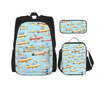 YANDM Many Cool Retro Skull Head Graphics Backpack 3 Pcs Set Travel Hiking Lightweight Laptop Pencil Case Insulated Lunch Bag for Women, Muchos aviones pequeños de dibujos animados, Talla única