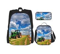 YANDM Mochila de playa tropical con palmera y puesta de sol, juego de 3 piezas para viajes, senderismo, ligera, para laptop, bolsa de almuerzo aislada para mujer, Tractor Under Blue Sky and White