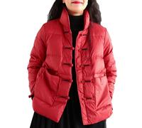 yanenrun Abrigo De Plumón De Pato Blanco Cálido para Mujer, Chaqueta Corta Ajustada Vintage, Parkas Básicas Informales Bordadas para Otoño,Rojo,L