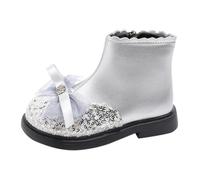 YANFJHV Girls Spring Autumn Winter Short Boots Girls Fashion Boots Fashionable British Style Plus Two Cotton Warm Bow Leather Soft Bottom Winterstiefel Schwarz, plata, 33 EU