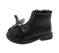 YANFJHV Girls Spring Autumn Winter Short Boots Girls Fashion Boots Fashionable British Style Plus Two Cotton Warm Bow Leather Soft Bottom Winterstiefel Schwarz, Negro , 32 EU