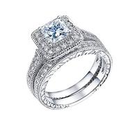 YANFJHV Juego de 2 pares de anillos de corte princesa de moda de lujo para mujer, compromiso, boda, joyas, anillos de cortina de acero inoxidable, 7, Metal, Sin piedras preciosas