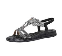 YANFJHV Sandalias con purpurina para mujer, planas con strass, sandalias con correa en T, sandalias huecas, sandalias bohemias, sandalias romanas, antideslizantes, cómodas, con correa de tobillo