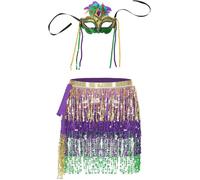 YangHaoDiSY Falda envolvente de lentejuelas para mujer, falda brillante para danza del vientre, falda con borla y máscara de plumas para disfraz de rave (B/máscara + falda)