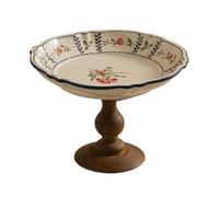 YANGJINGOZ-2025 Frutero de cerámica floral con base madera, plato rústico for servir aperitivos, decoración mesa granja Frutero Decorativo(Grande)