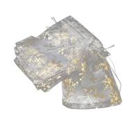 YANGSHINE 100 bolsas de organza delicadas medianas transpirables con cordón de Navidad, elegantes y suaves, 10 x 15 cm, bolsa de regalo de organza con copo de nieve dorado para comida de renos