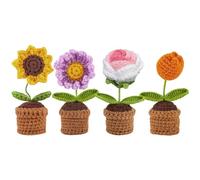YANGSHINE - Juego de 4 mini flores artificiales en maceta hechas a mano con ganchillo, girasol, margarita, tulipán para el hogar, oficina, coche, color #10
