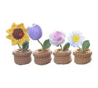 YANGSHINE Paquete de 4 mini flores artificiales en maceta hechas a mano de ganchillo - Girasoles tejidos, tulipanes, margaritas y rosas para decoración del hogar, oficina, coche - Color #11