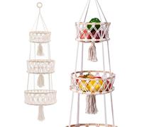 YANGUN Cesta de Frutas Colgante de 3 Niveles, Frutero Colgante, Cesta Colgante de Frutas, Cesta de Pared Bohemia, Colgante pared Blanco Adecuado para Cocina, Salón, Cuarto de Baño