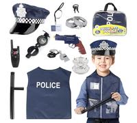 YANGUN Disfraz Policia Niño, 11pcs Disfraz de Policía Infantil, Disfraz De Policía De Juego Rol Incluye Gorra, Chaleco, Placa, Handcuffs, walkie-talkies Armas de Juguete y más Accesorios