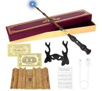 YANGUN Varita mágica Dumbledore de 38 cm con luz, varita de élder Harry P-Otter, carga USB, varita mágica de resina con tarjeta de hechizo, tarjeta de estación, mapa, soporte