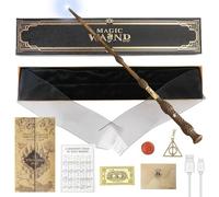 YANGUN Varita mágica resplandeciente, 38 cm, varita mágica Dumbledore con luz, carga USB, varita mágica Dumbledore en caja de regalo, varita mágica para niños con tarjetas de estación, tarjetas de