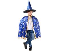 YANGWEN Witch Wizard Cloak Hat Set,Halloween Witch Wizard Cloak,Wizard Cape Witch Cloak with Hat,Halloween Costume Props for Kids Cosplay Party (Blue)