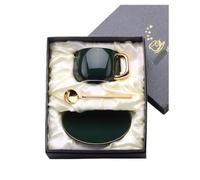 YANHAO Tazas y Platillos, Juego taza y platillo café cerámica,tazas té tarde, cuchara,empaque caja regalo,se puede agregar logotipo(Ink Green Gift Box)