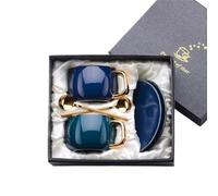 YANHAO Tazas y Platillos, Juego taza y platillo café cerámica,tazas té tarde, cuchara,empaque caja regalo,se puede agregar logotipo(Sapphire Blue Set)