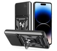YANJIEER ESONG Funda Armor para Xiaomi Poco F7 Pro, Carcasa Protectora de Militar con Cubierta de Cámara Deslizante magnetica Anillo Soporte, Dura PC Silicona TPU Anti-Choque Bumper Case Negro