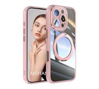 YANJIEER ESONG Funda Magnética para iPhone 16E, Carcasa Antigolpes Protectora Transparente con 360° Giratorio Anillo Soporte, Lente Cámara Protección Completa, Ultra Slim Kickstand Case Rosa