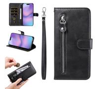 YANJIEER Funda Cartera para Realme C53 / Narzo N53 / C51 / Note 50 4G, Carcasa Cuero PU con Cremallera Tarjetero Correa de Mano, Cierre Magnético Soporte, Antigolpes Case Negro