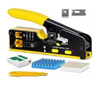 Yankok Kit de crimpadora HT718 RJ45 con probador de cable de red BS468, mini herramienta de perforación, juego de cuchillas de repuesto, conector de paso de 50 x y 50 botas de alivio de tensión RJ45