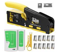 Yankok Kit de herramientas de crimpado HT718 RJ45 con probador de cables de red, mini herramienta de perforación, juego de cuchillas de repuesto, 10 conectores de paso CAT7 y 10 botas de alivio de