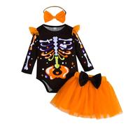 Yanmucy Vestido de Halloween para bebé y niña, 2 piezas, mameluco de malla con cinta para la cabeza, ropa de bebé, niñas, Halloween, fiestas, trajes para 0-18 meses, naranja, 6-9 meses