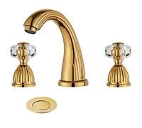 YANNLII Grifo de lavabo de baño de cascada de oro pulido brillante, grifo de lavabo de tres agujeros con dos manijas de cristal, grifo mezclador de lavabo de 8 a 16 pulgadas con drenaje emergente, oro