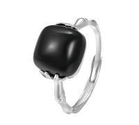 YANQSHM Anelli Argento 925 Donna, Anello Regolabile Argento Sterling 925 con Osso Bambù Pietra Preziosa Naturale Agata Nera Semplice Aperto Regalo Compleanno Matrimonio