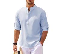 YANQSHM Camisa Hombre, Camisa Henley Manga Larga Hombre Algodón Ligero Verano con Textura a Cuadros con Botones Alzados Informal Tradicional Azul XL