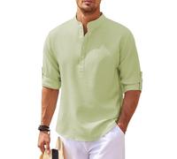 YANQSHM Camisa Hombre, Camisa Henley Manga Larga Hombre Algodón Ligero Verano con Textura a Cuadros con Botones Alzados Informal Tradicional Verde Talla 3XL