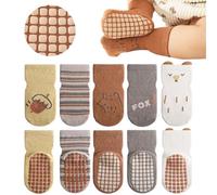 YANWANG 5 pares de calcetines antideslizantes para bebé, calcetines de dibujos animados con agarre para niños/niñas pequeños(7-zorro,3-5 años)