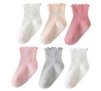 YANWANG Calcetines Antideslizantes de Algodón con Volante para Bebé Niña 6 Pares de Tripulación Transpirable para Pequeños Niñas(M:1-3 años,pink)