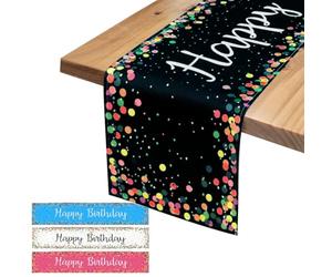 YANXINKE Camino de Mesa de Feliz Cumpleaños, 183x33cm Lino Feliz Cumpleaños de Mesa, Camino de Mesa de Cumpleaños, Caminos de Mesa Coloridos, Happy Birthday Table Runner(Negro)