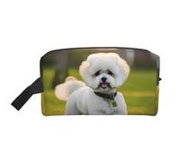 YANYU Bichon Frise - Neceser de viaje con estampado de perro sobre la hierba, bolsas de almacenamiento con cremallera y asas, organizador portátil de cosméticos, blanco, talla única, color blanco,