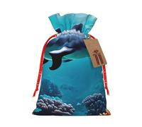 YANYU Hermosas bolsas de regalo de Navidad con cordón impreso, delfines del mundo submarino, bolsas de regalo de Navidad, bolsas de regalo de Navidad, etiquetas de fiesta, regalos de golosinas