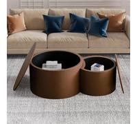 YAOBAO Juego de 2 Mesas de Café Anidables con Almacenamiento, Mesas Redondas Modernas de Acabado de Piel para Salón, Mesas Laterales Tambor Circulares sin Montaje para Espacios Pequeños,Marrón
