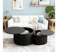 YAOBAO Juego de 2 Mesas de Café Anidables con Almacenamiento, Mesas Redondas Modernas de Acabado de Piel para Salón, Mesas Laterales Tambor Circulares sin Montaje para Espacios Pequeños,Negro