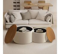 YAOBAO Juego de 2 Mesas de Café Anidables con Almacenamiento, Mesas Redondas Modernas de Acabado de Piel para Salón, Mesas Laterales Tambor Circulares sin Montaje para Espacios Pequeños,Blanca