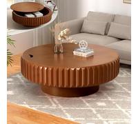 YAOBAO Mesa de Centro Tambor Redonda 80 cm con Almacenamiento Oculto, Mesa de Té Moderna Acanalada en Chapa de Madera Maciza, Diseño de Engranaje para Salón y Apartamento,Brown Round 39.3"