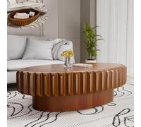 YAOBAO Mesa de Centro Tambor Redonda 80 cm con Almacenamiento Oculto, Mesa de Té Moderna Acanalada en Chapa de Madera Maciza, Diseño de Engranaje para Salón y Apartamento,Brown Oval a 43.3"
