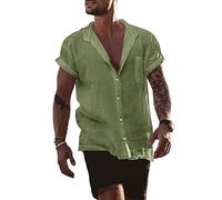 YAOBAOLE Camisa de lino para hombre, manga corta, verano, camisa informal para hombre, ajuste universal, 01 verde militar., XXL