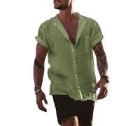 YAOBAOLE Camisa de lino para hombre, manga corta, verano, camisa informal para hombre, ajuste universal, 01 verde militar., L