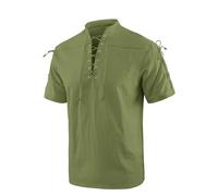 YAOBAOLE Camisa medieval para hombre, manga corta, lino, renacentista, con cordones y cuello alto, estilo pirata vintage para LARP, Verde militar., XL
