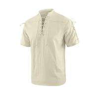 YAOBAOLE Camisa medieval para hombre, manga corta, lino, renacentista, con cordones y cuello alto, estilo pirata vintage para LARP, beige, L