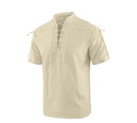 YAOBAOLE Camisa medieval para hombre, manga corta, lino, renacentista, con cordones y cuello alto, estilo pirata vintage para LARP, caqui, 3XL