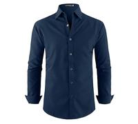 YAOBAOLE Camisa sin planchar para hombre, manga larga, vestida formal informal de negocios, corte ajustado, camisa de boda, color sólido, azul marino, 3XL