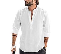YAOBAOLE Camisas para hombre, camisa de manga larga para hombre, camisa de lino de algodón, camisa Henley, camisa ajustada, camisa informal, 01 blanco, M