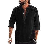 YAOBAOLE Camisas para hombre, camisa de manga larga para hombre, camisa de lino de algodón, camisa Henley, camisa ajustada, camisa informal, 01 negro, 3XL