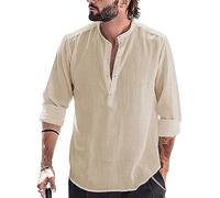 YAOBAOLE Camisas para hombre, camisa de manga larga para hombre, camisa de lino de algodón, camisa Henley, camisa ajustada, camisa informal, 01 caqui., XXL